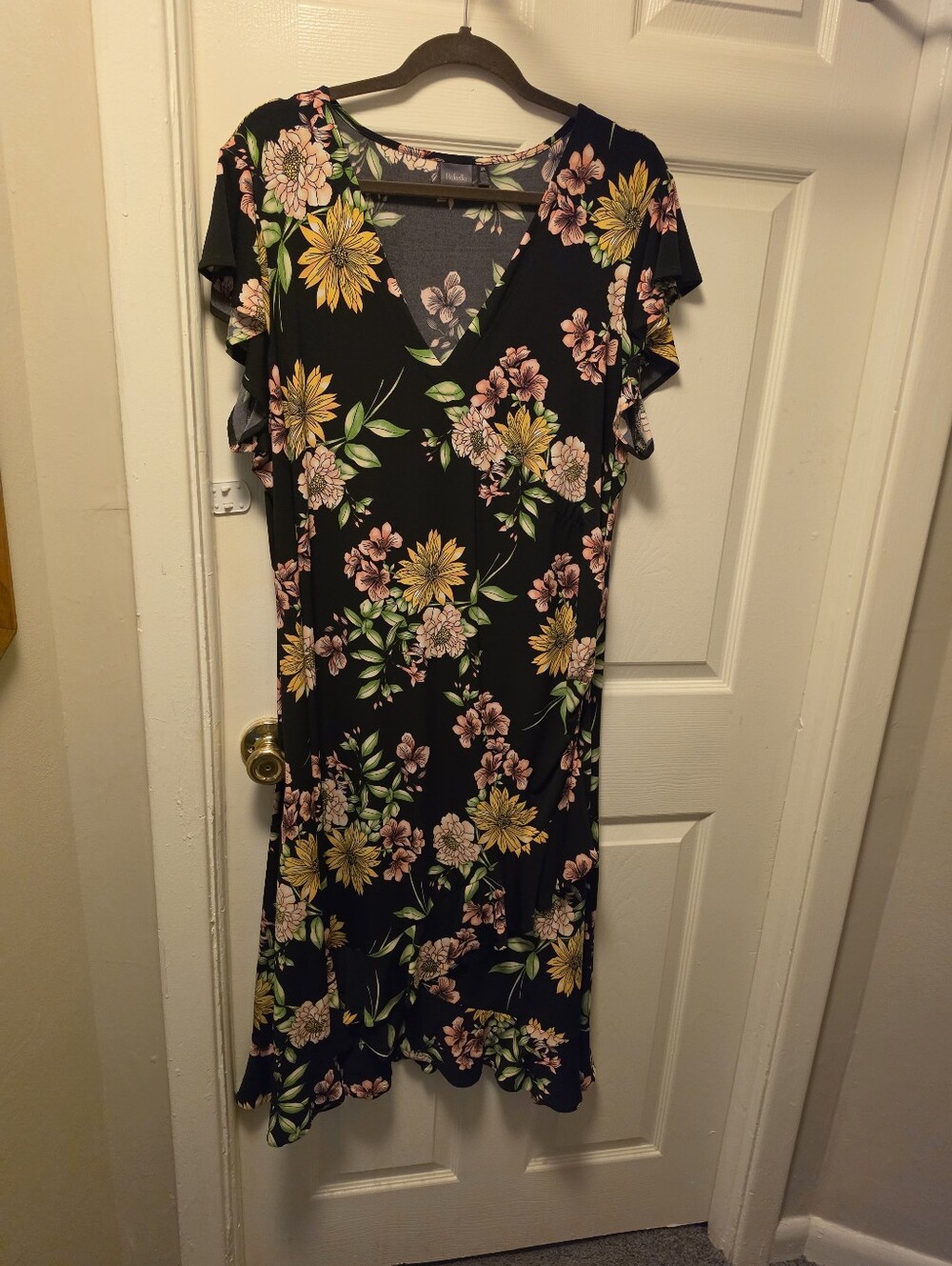 Rafaella Black Floral V-Neck Dress with Pink and Yellow Blooms